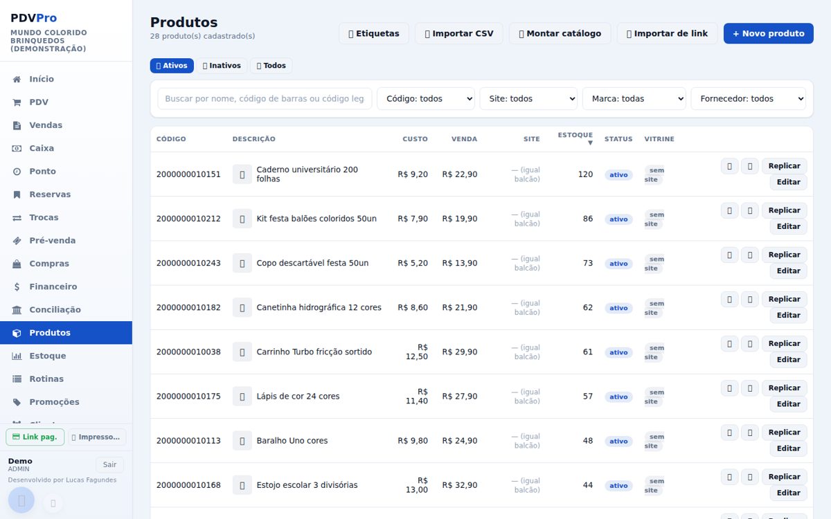 Produtos com custo, venda e estoque