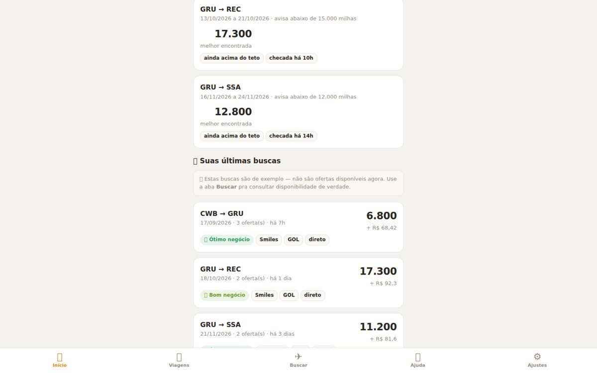 Busca de passagem em milhas, com veredito